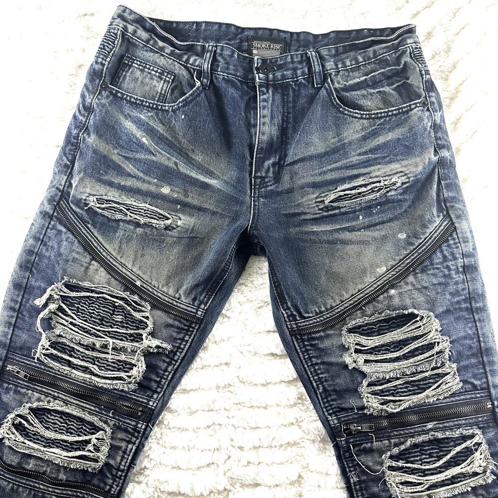 Smoke Rise Jeans Mens 36 (32” inseam) Dark Wash Ripped Distressed Moto - Picture 2 of 16
